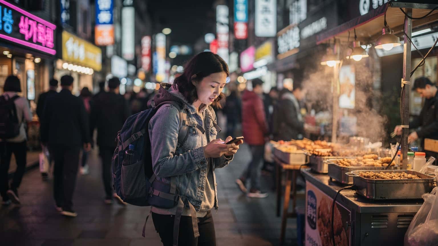 A young backpacker navigating the bustling streets of Myeongdong, Seoul, using their smartphone for directions, with vibrant neon signs and street food stalls in the background under a soft evening glow.