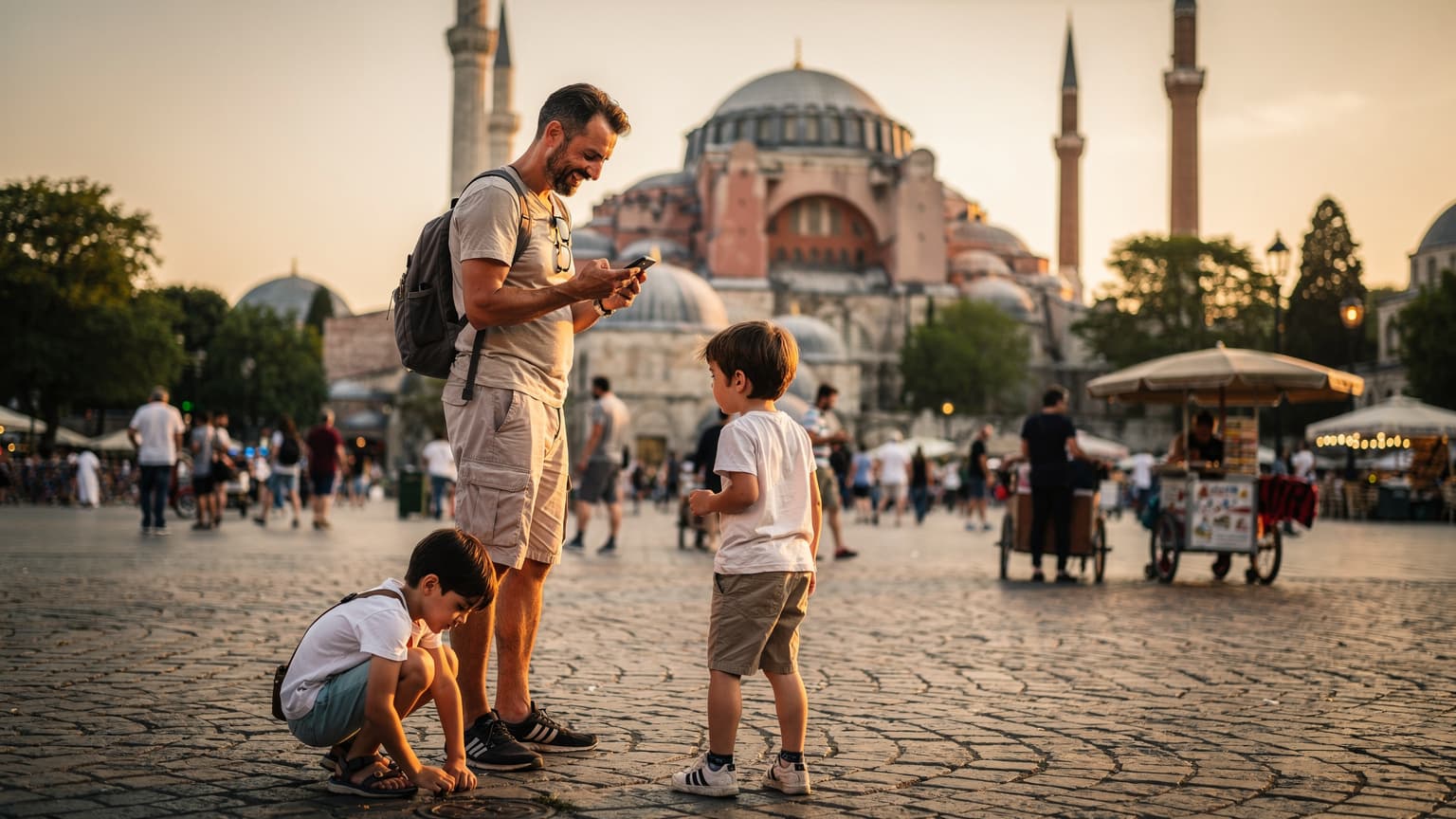 İstanbul Sultanahmet Meydanı'nda, elinde akıllı telefon tutan ve haritalara bakan bir aile babası, arka planda Ayasofya ve hareketli meydan.