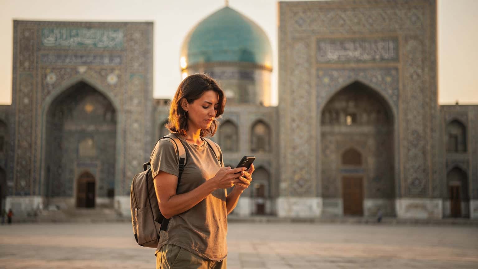 A female traveler checking her phone for directions amidst the intricate tilework of the Registan Square in Samarkand, Uzbekistan.