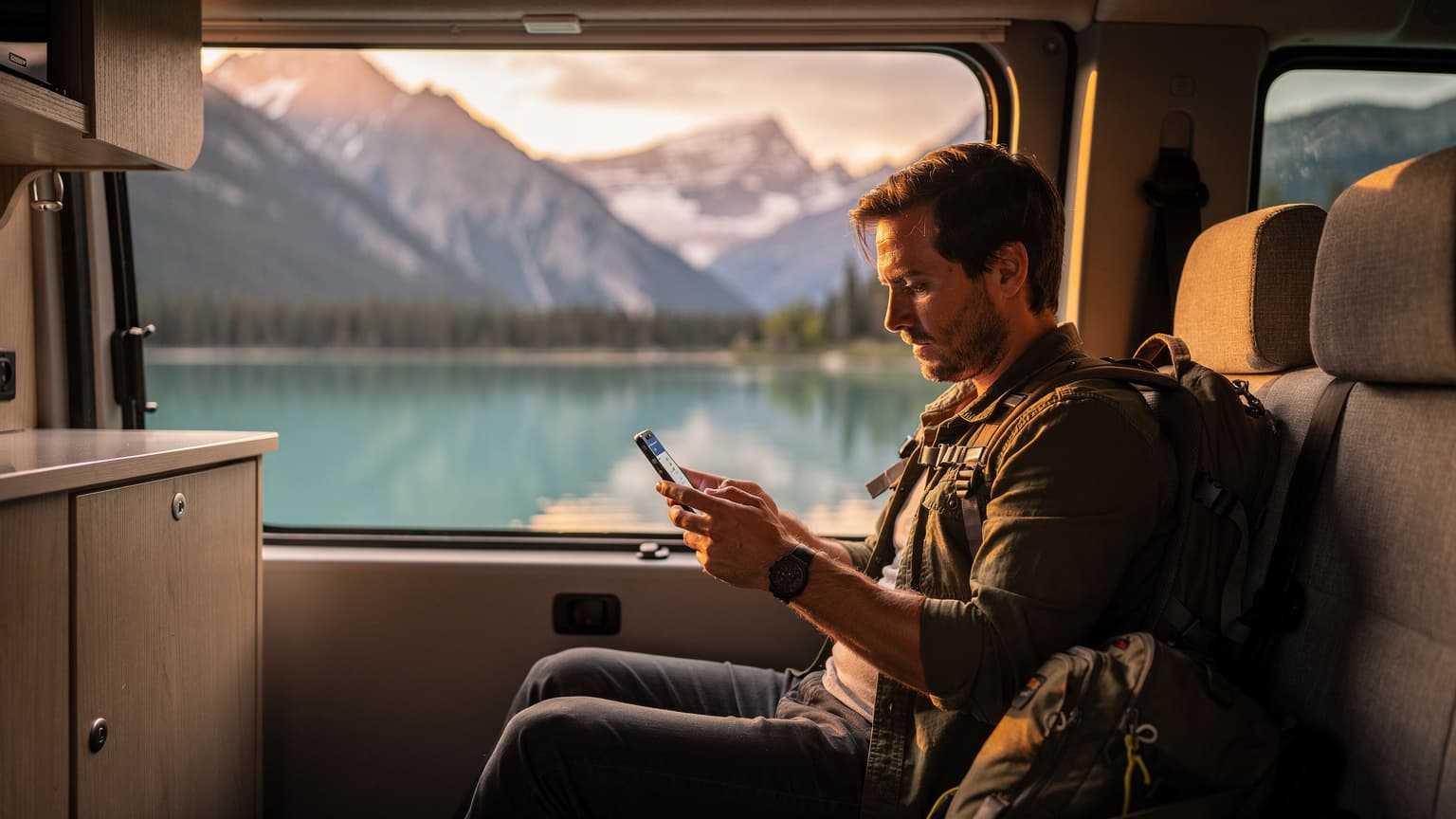Eine Person sitzt in einem Campervan mit Blick auf einen See in den Rocky Mountains, während sie ein Smartphone mit einer geöffneten eSIM-App in der Hand hält.