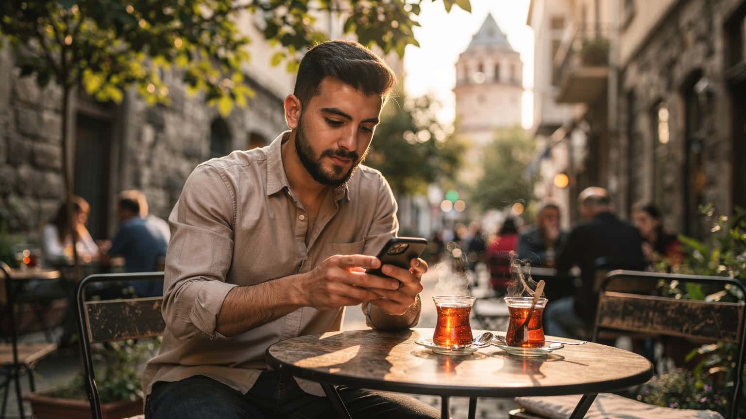 İstanbul'un Karaköy semtinde, bir çay bahçesinde oturan genç bir adam, elindeki akıllı telefonunda eSIM kurulum adımlarını kontrol ediyor. Arka planda Galata Kulesi'nin silüeti ve hafifçe bulanıklaşmış Boğaz manzarası seçiliyor.
