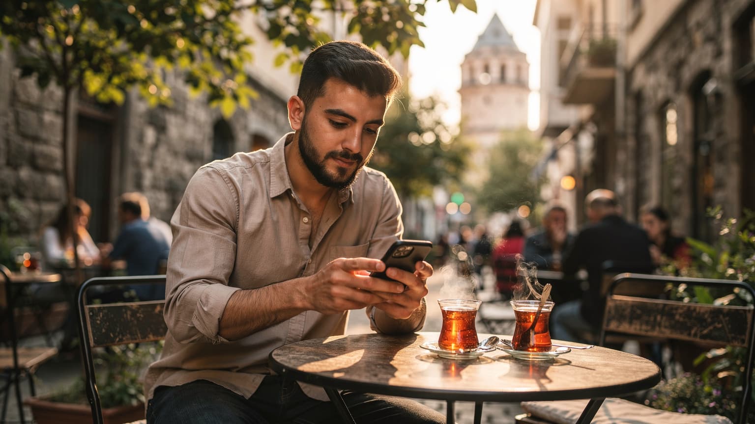 İstanbul'un Karaköy semtinde, bir çay bahçesinde oturan genç bir adam, elindeki akıllı telefonunda eSIM kurulum adımlarını kontrol ediyor. Arka planda Galata Kulesi'nin silüeti ve hafifçe bulanıklaşmış Boğaz manzarası seçiliyor.