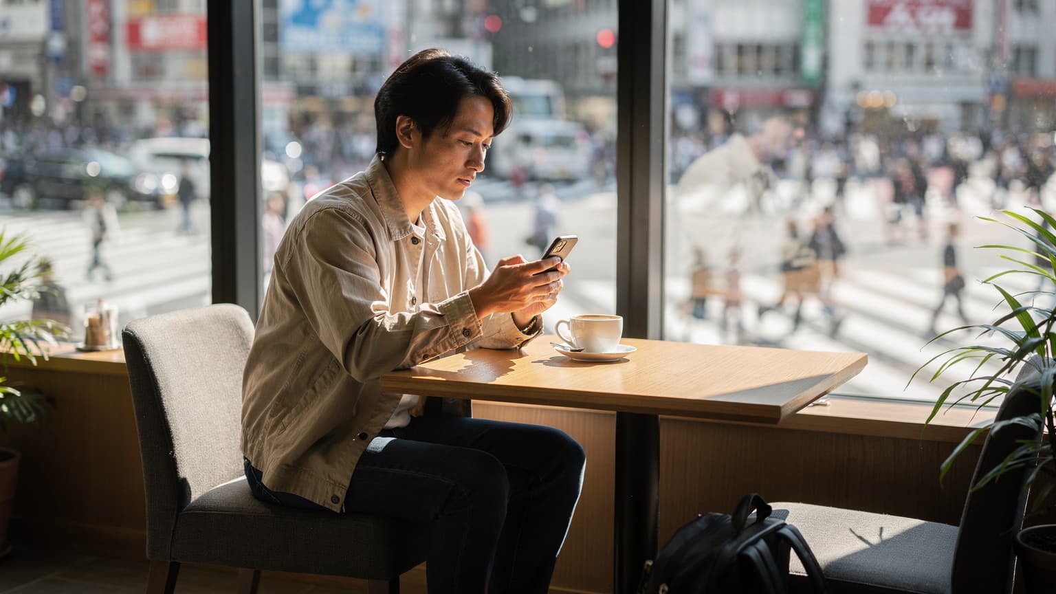 東京の渋谷スクランブル交差点を見下ろすカフェで、一人の旅行者がiPhoneを使ってeSIM設定を確認している様子。手元にはパスポートとコーヒーが置かれている。