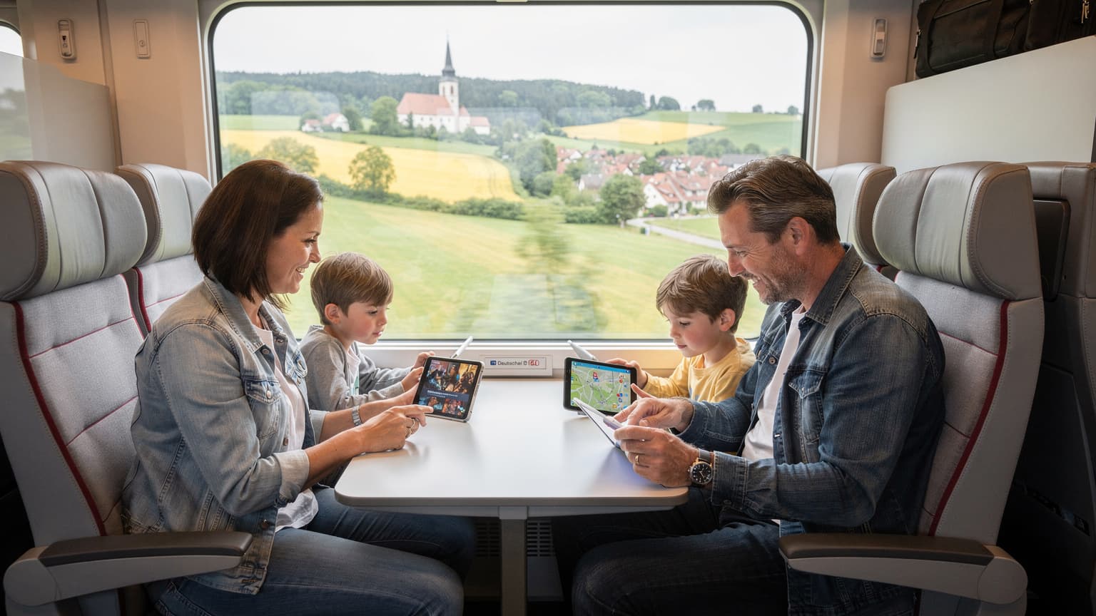 Eine Familie, bestehend aus Eltern und zwei Kindern, sitzt entspannt in einem modernen Zugabteil der Deutschen Bahn, während die Kinder auf ihren Tablets Comics schauen und die Eltern auf einem Smartphone eine digitale Karte prüfen.