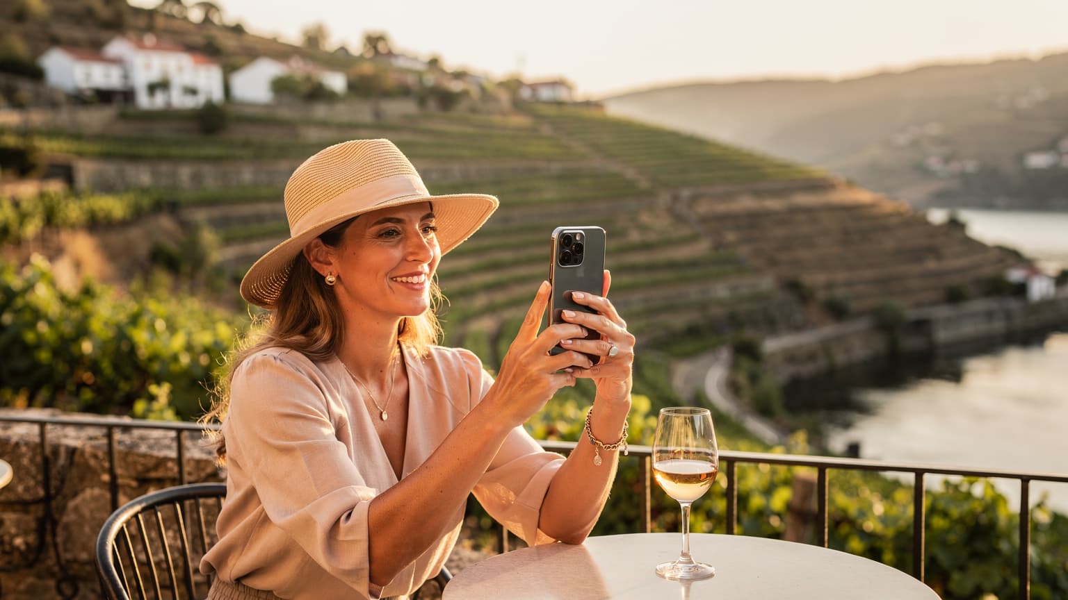 Uma viajante sorri enquanto tira uma foto das vinhas do Douro ao pôr do sol, com seu iPhone 18 mostrando a conectividade eSIM.