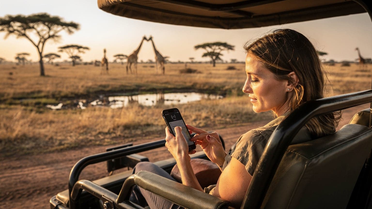 A traveler on a safari jeep, holding a smartphone with an active eSIM profile displayed, overlooking a vast African savanna with giraffes in the distance under a golden hour sky.