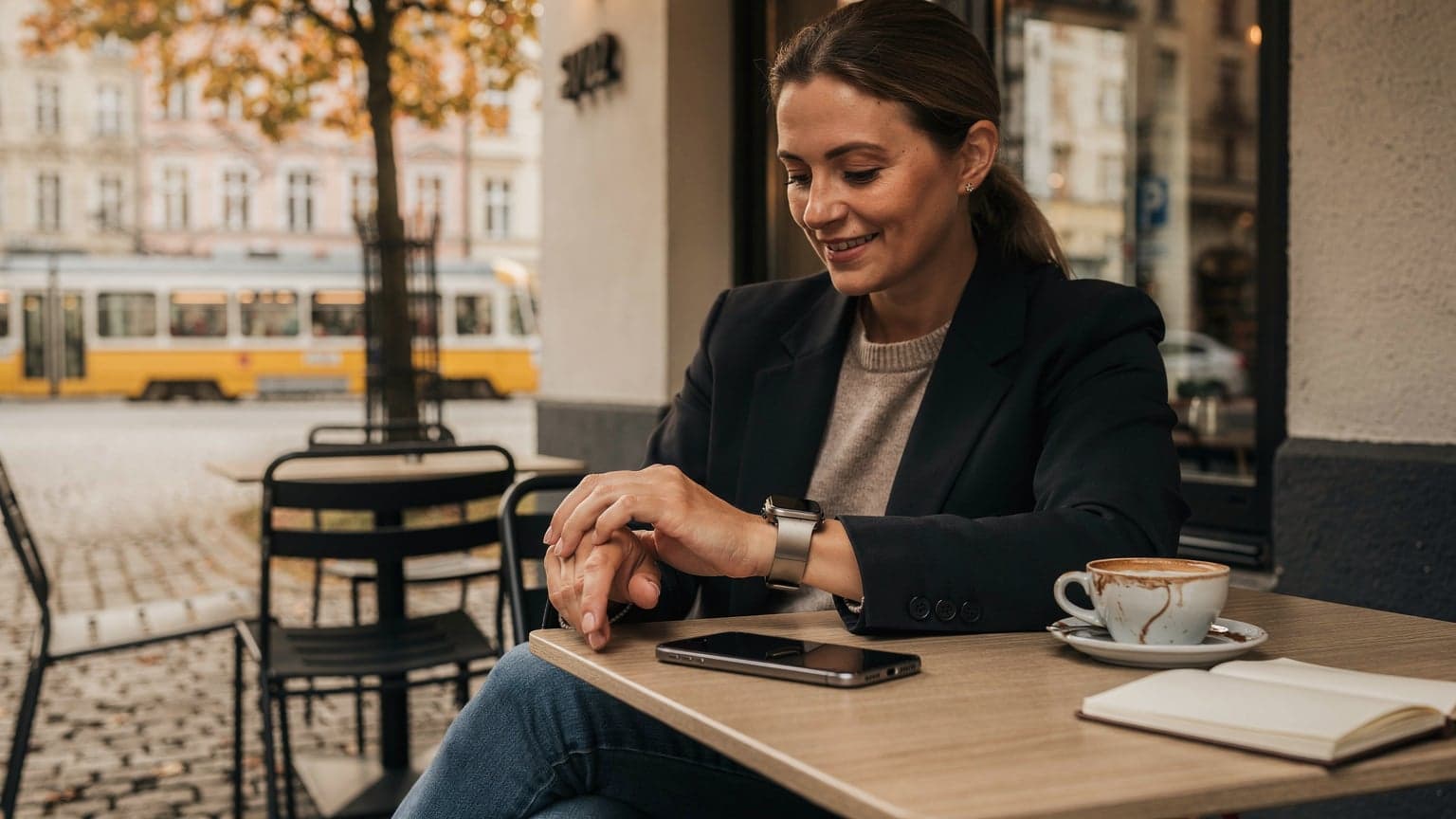 Eine Frau im Berliner Stadtteil Mitte sitzt an einem Café-Tisch und betrachtet ihre Apple Watch Ultra 3, mit der sie gerade eine Nachricht empfängt, während ihr iPhone danebenliegt.