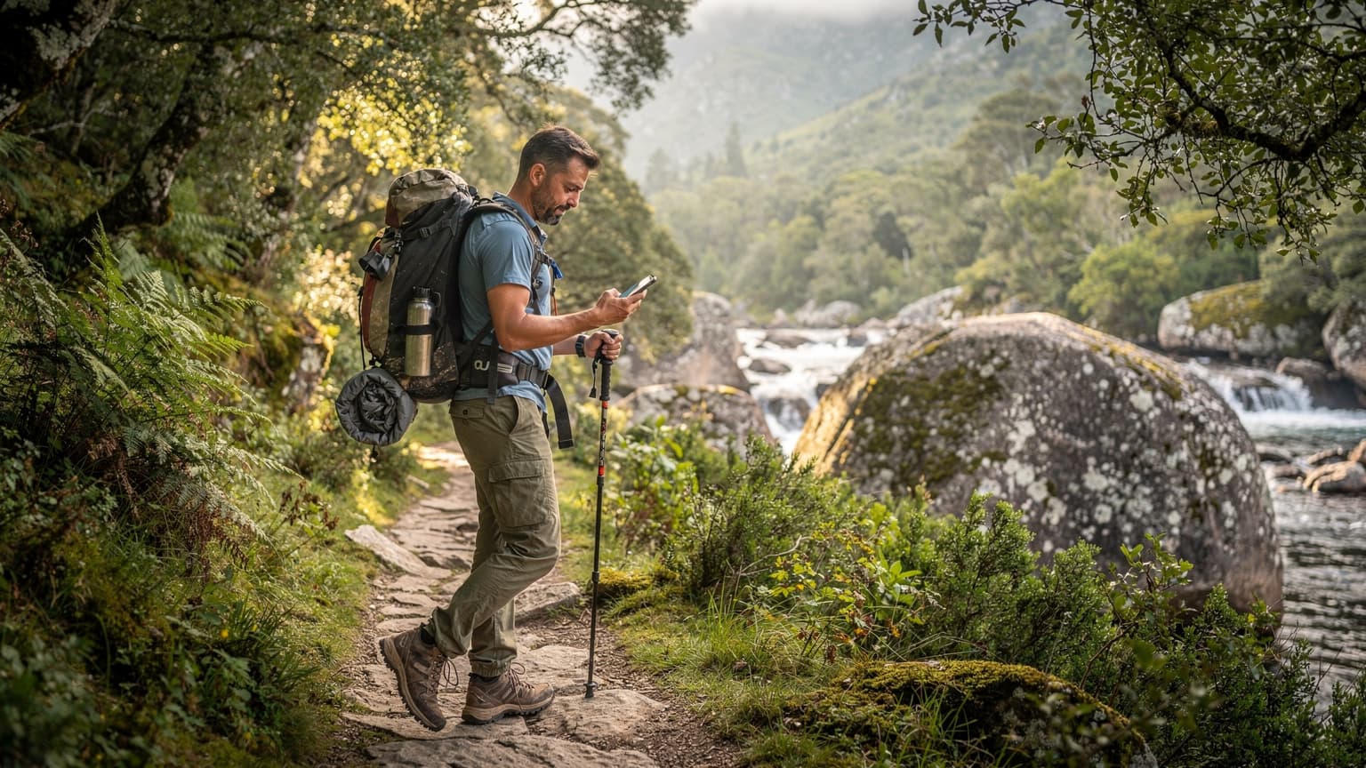 Um viajante olhando para um mapa digital em seu smartphone enquanto faz uma pausa em uma trilha exuberante no Parque Nacional da Peneda-Gerês, com montanhas e rios ao fundo.