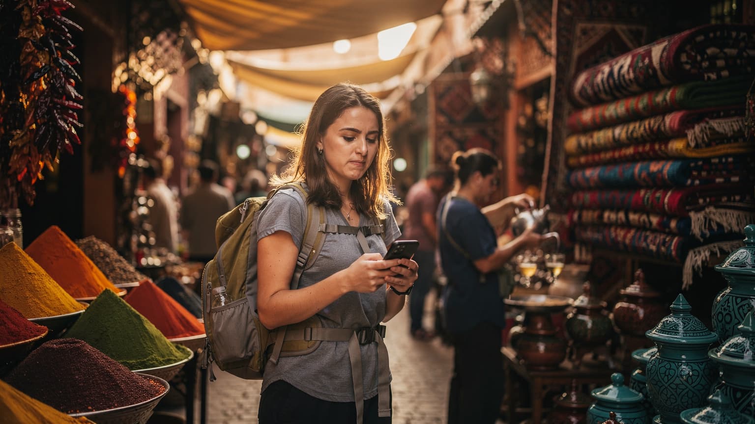 A backpacker in a bustling Moroccan souk checks their phone for messages, with vibrant textiles and spices in the background, late afternoon sun.