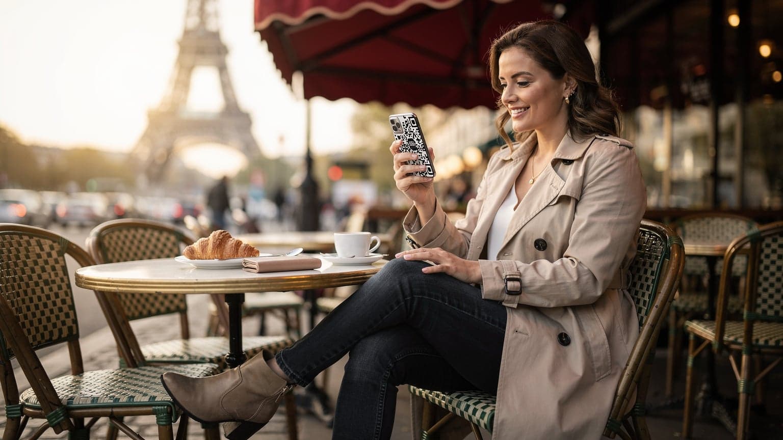 Une femme souriante, assise à la terrasse d'un café parisien typique avec une tasse de café et une baguette, consulte son smartphone affichant un QR code eSIM, avec la Tour Eiffel floue en arrière-plan.