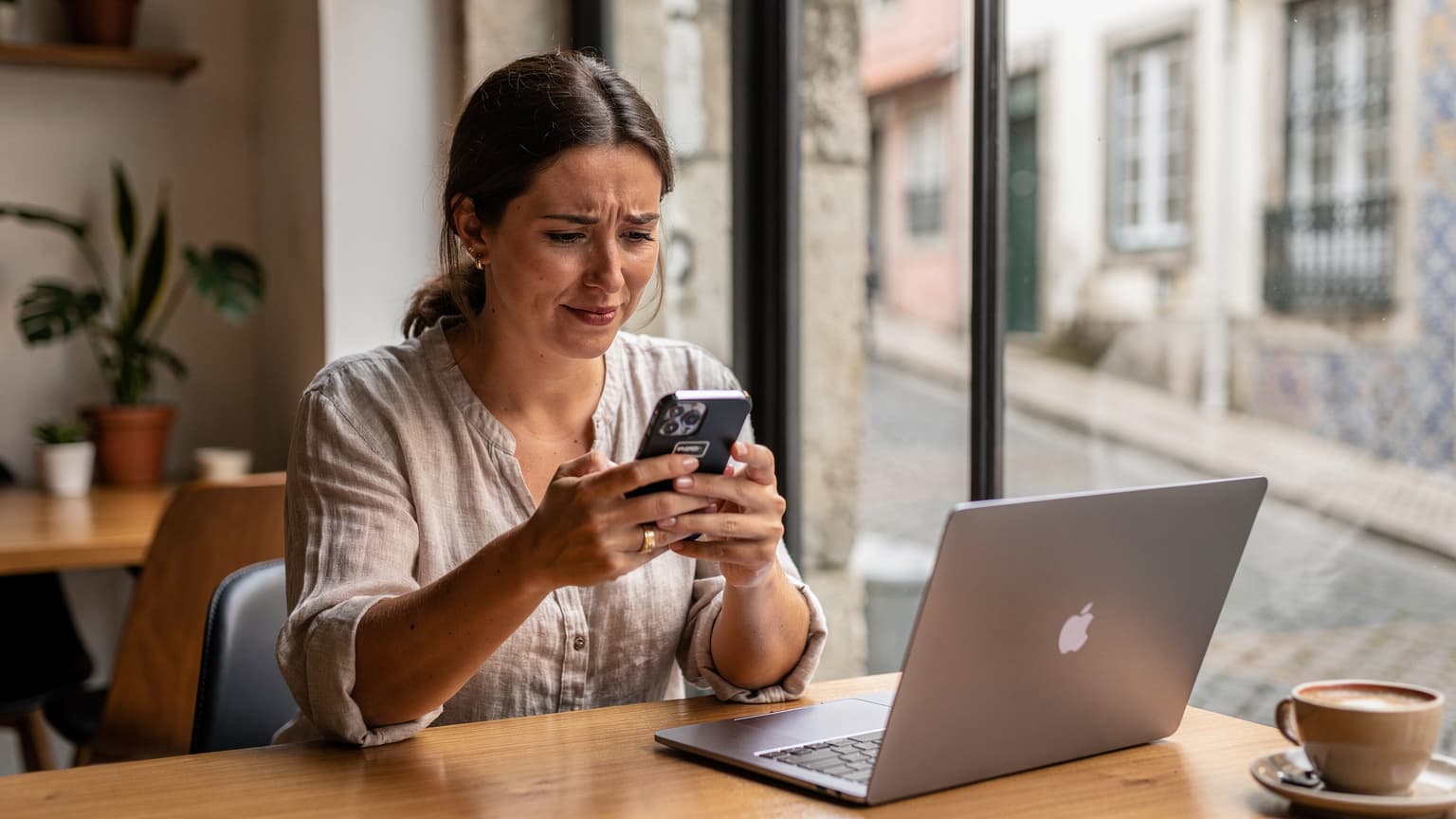 Uma mulher nômade digital, com um MacBook Pro aberto, sentado em uma mesa de madeira escura no Work-It Porto co-working space em Portugal, tomando um café enquanto olha para o telefone com um eSIM ativado.