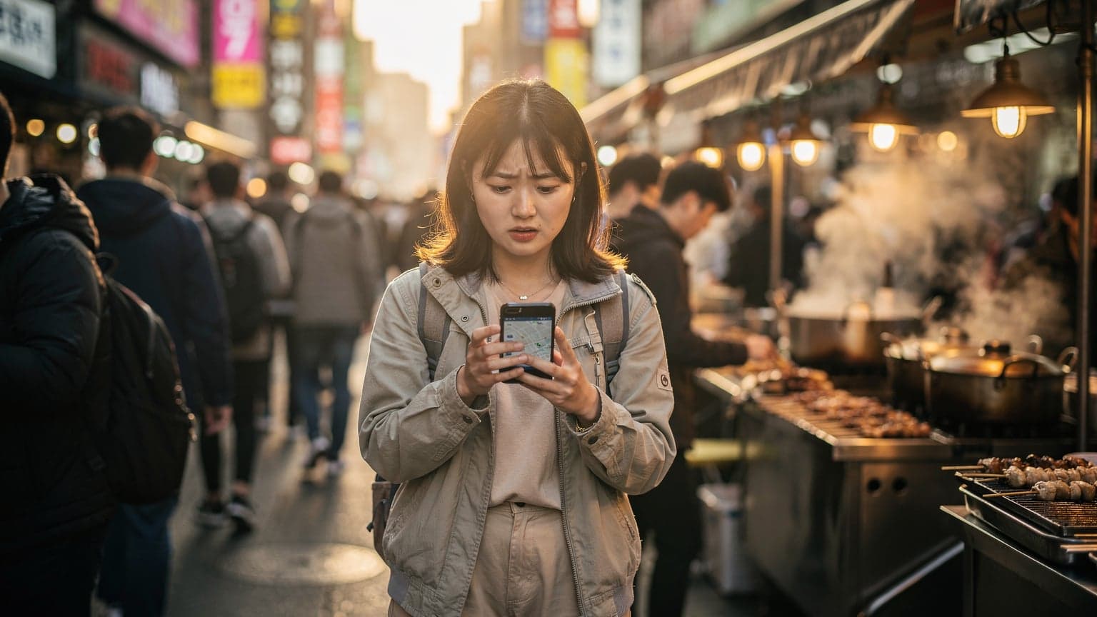 ソウルの明洞にある賑やかな屋台街で、旅行者がスマートフォンを片手に地図アプリを見ている様子。周囲には活気ある雰囲気と伝統的な韓国料理の屋台が並んでいる。