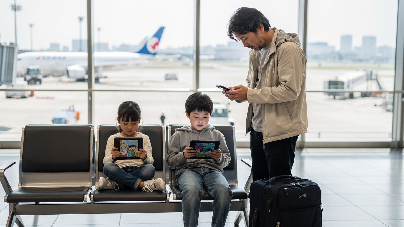 成田空港の出発ゲートで、父親がスマートフォンでeSIMの設定を確認し、横で小学生の息子と娘がそれぞれのタブレットで楽しそうに動画を見ている様子。