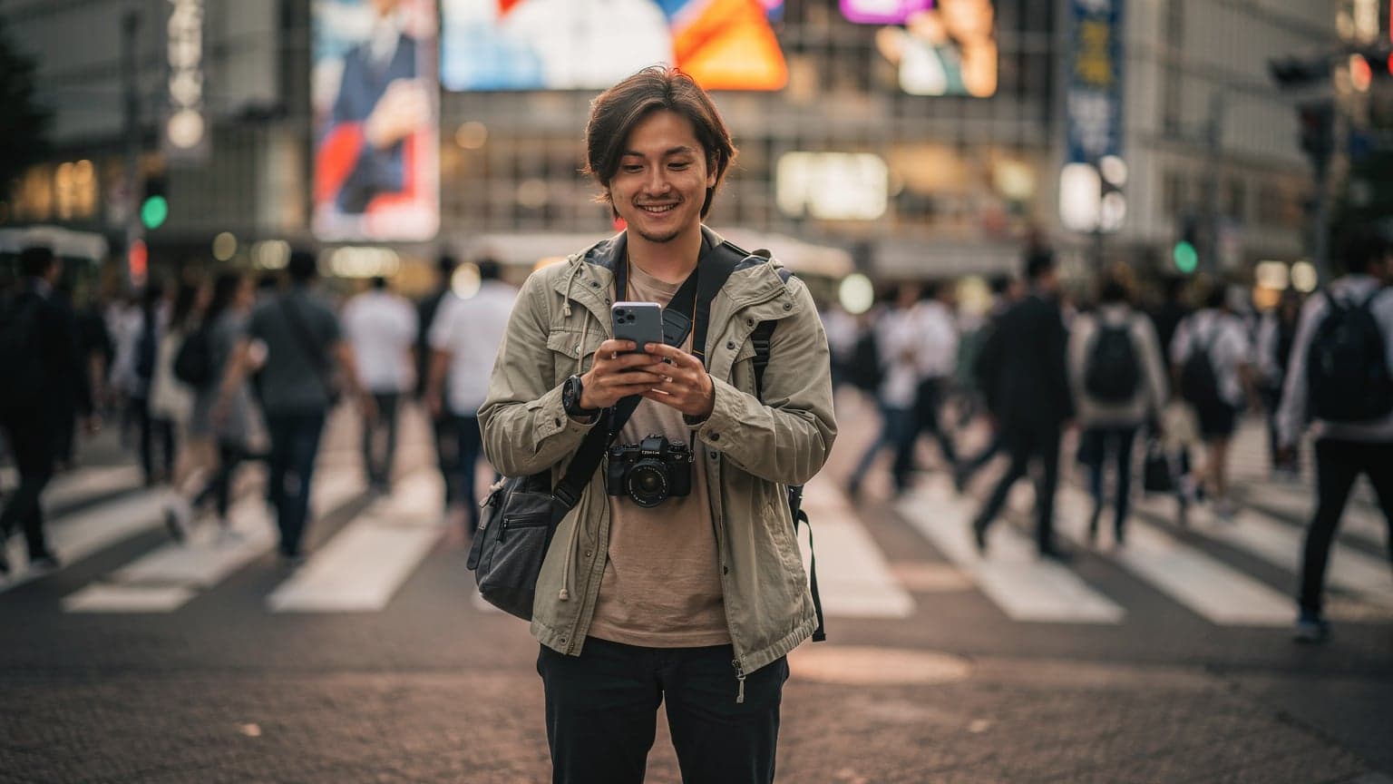 東京の渋谷スクランブル交差点で、スマートフォンを片手に笑顔で道案内を見ている旅行者。