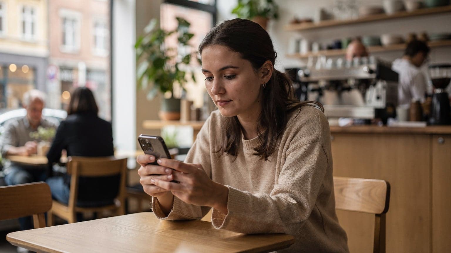 En ung kvinde sidder på en travl café i København og kigger koncentreret på sin smartphone, med en kop kaffe og en notesbog foran sig, klar til at sammenligne eSIM-udbydere.