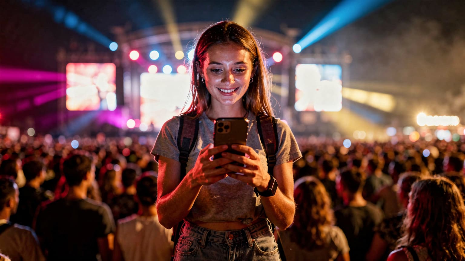 Genç bir kadın, kalabalık bir Avrupa müzik festivalinde cep telefonunda eSIM kurulumunu kontrol ederken neşeyle gülümsüyor, sahneden renkli ışıklar yüzüne vuruyor.