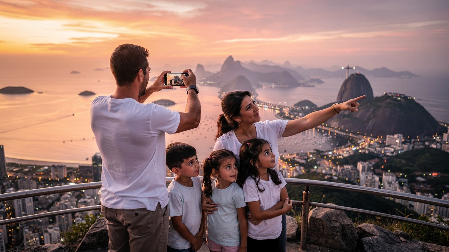 Rio de Janeiro'da Sugarloaf Dağı'nın tepesinden gün batımını izleyen, çocuklarıyla birlikte fotoğraf çeken Türk bir aile.