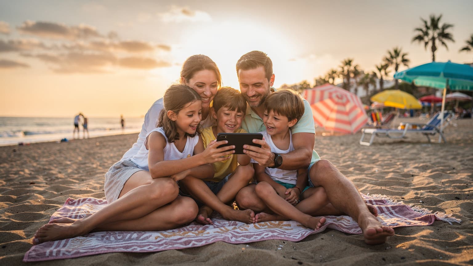 Una familia con dos niños de 8 y 10 años, riendo y mirando un teléfono que muestra un mapa, mientras están sentados en una toalla en una playa dorada de Cádiz al atardecer, con sombrillas de colores de fondo.