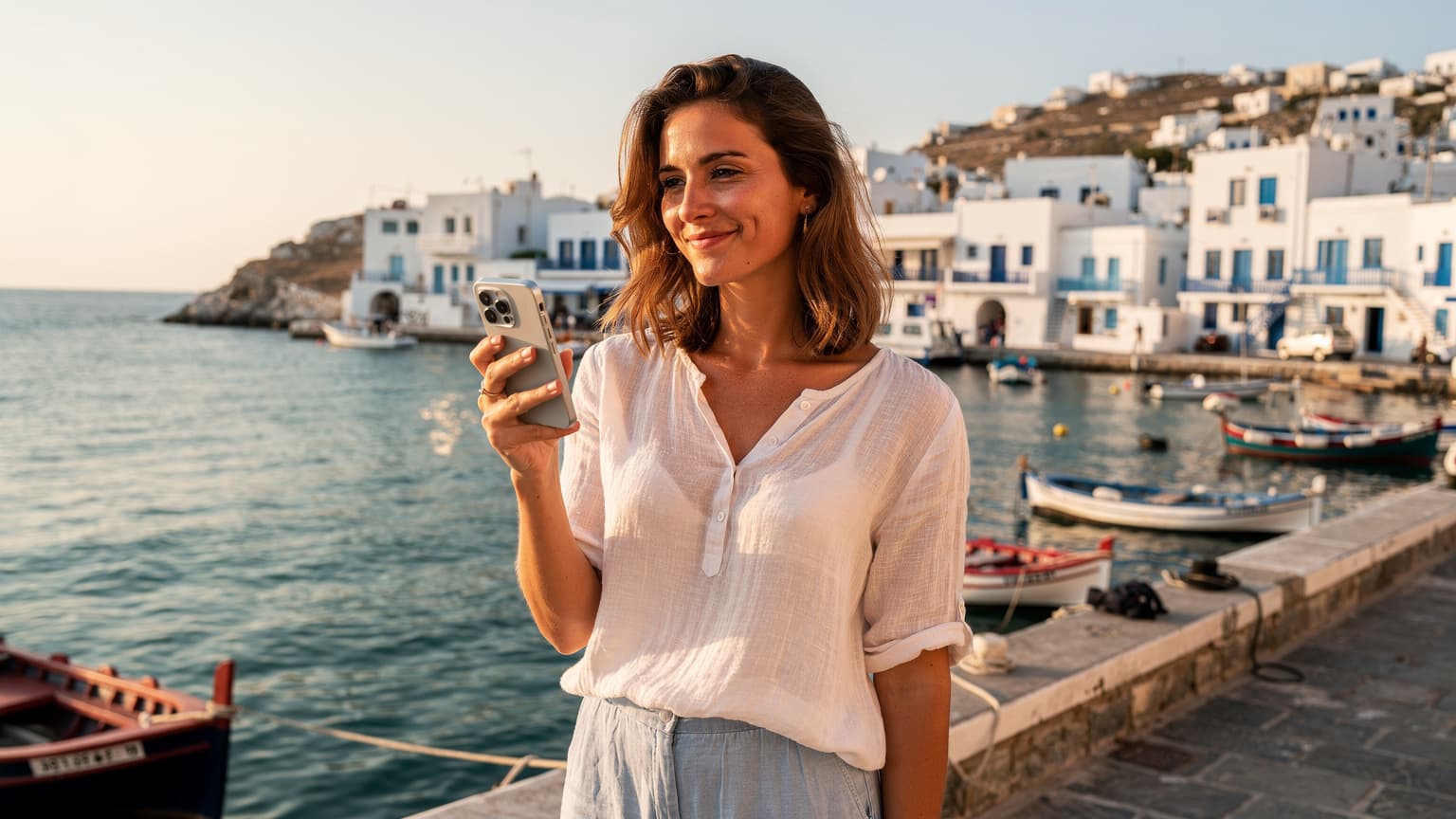 Una persona sorride mentre tiene il proprio smartphone con un'eSIM attiva, sullo sfondo le acque cristalline di un'isola greca al tramonto, con piccole barche ormeggiate in un porto.