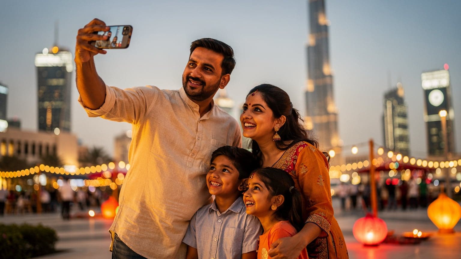 दुबई के बुर्ज खलीफा के सामने, एक भारतीय परिवार अपने स्मार्टफोन पर त्योहार की शुभकामनाएं भेज रहा है, जिसमें पिता के हाथ में एक ड्यूल-सिम स्मार्टफोन है।