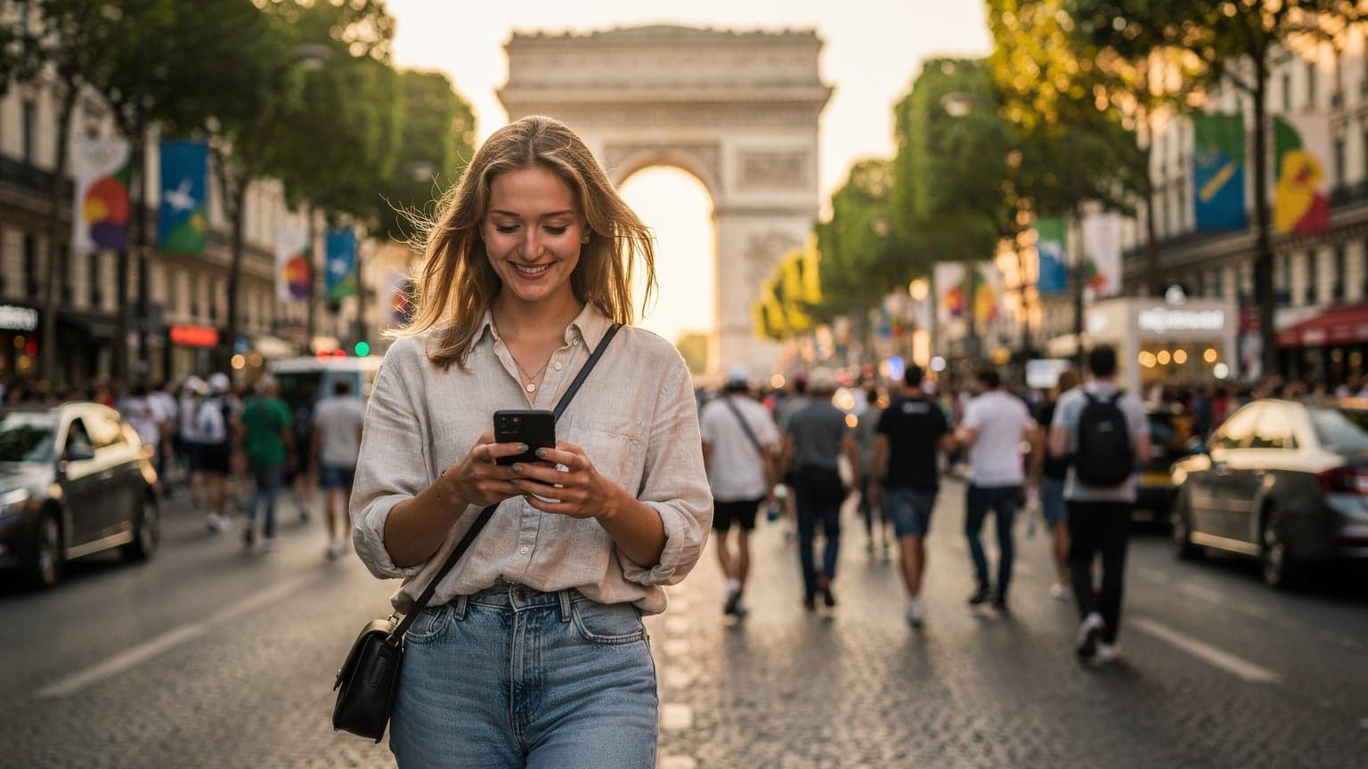 Une jeune femme souriante, téléphone en main, naviguant dans la foule joyeuse des Champs-Élysées, avec l'Arc de Triomphe en arrière-plan, pendant les Jeux Olympiques de Paris 2026.