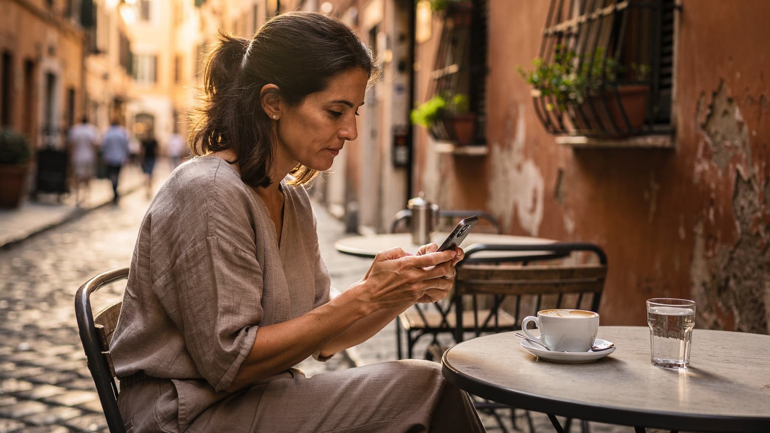 Una viaggiatrice italiana consulta il suo smartphone con un'espressione pensierosa, seduta al tavolino di un caffè all'aperto a Trastevere, Roma, durante un caldo pomeriggio di agosto, con il sole che filtra tra gli edifici storici.
