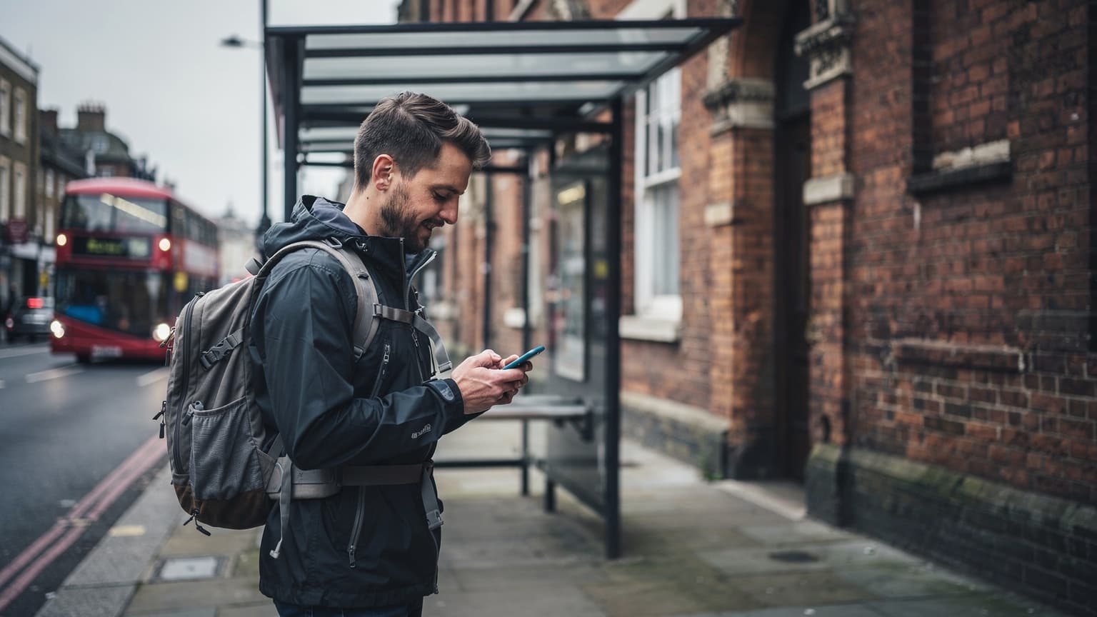 Londra'daki bir otobüs durağında elinde telefonla haritaya bakan sırt çantalı bir gezgin, gri ve soğuk bir havada.