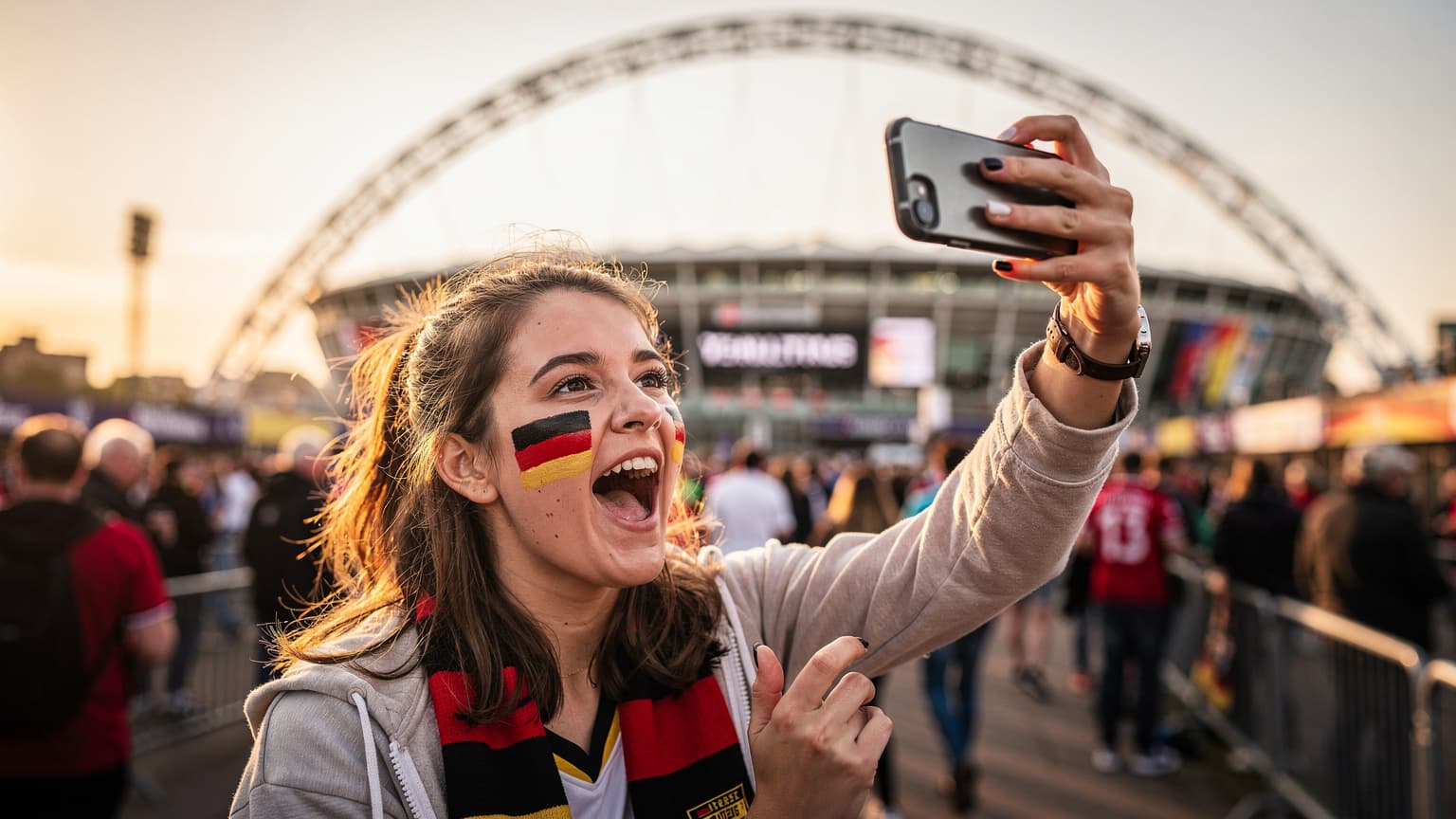 Eine jubelnde Fußballfanin mit einer deutschen Flagge auf den Wangen, die ihr Smartphone in die Höhe hält, während sie sich in der Nähe des Wembley-Stadions in London befindet.