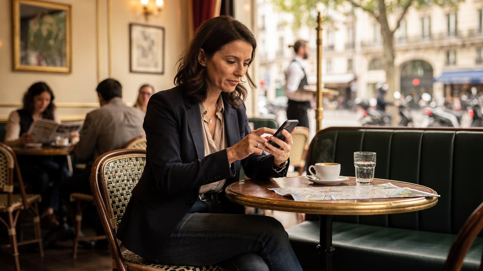 Une femme utilisant son smartphone pour consulter une carte dans un café animé du quartier de Saint-Germain-des-Prés à Paris, avec une tasse de café et un croissant sur sa table.