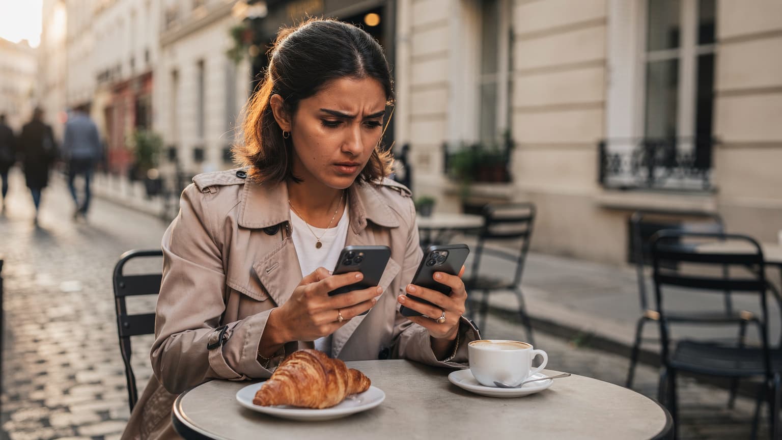 Une jeune femme, l'air concentré, tenant un iPhone dans chaque main, vérifiant le transfert de son eSIM assise à une table de café ensoleillée dans le quartier du Marais à Paris, avec un croissant et un café à côté.