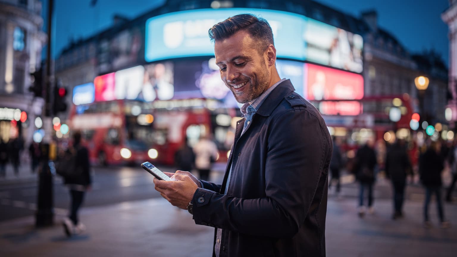 Un uomo sorride mentre naviga sul suo smartphone, con lo sfondo sfocato di un iconico bus rosso a due piani che attraversa Piccadilly Circus al crepuscolo, illuminato dai neon.