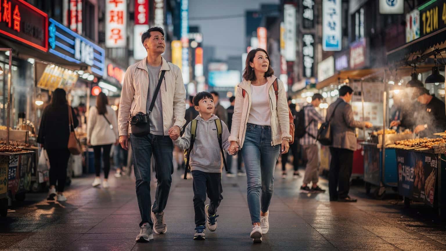 A family with two children, aged around 8 and 10, walking through the vibrant streets of Myeongdong in Seoul, illuminated by neon signs and surrounded by bustling crowds, with the parents holding hands with their kids.