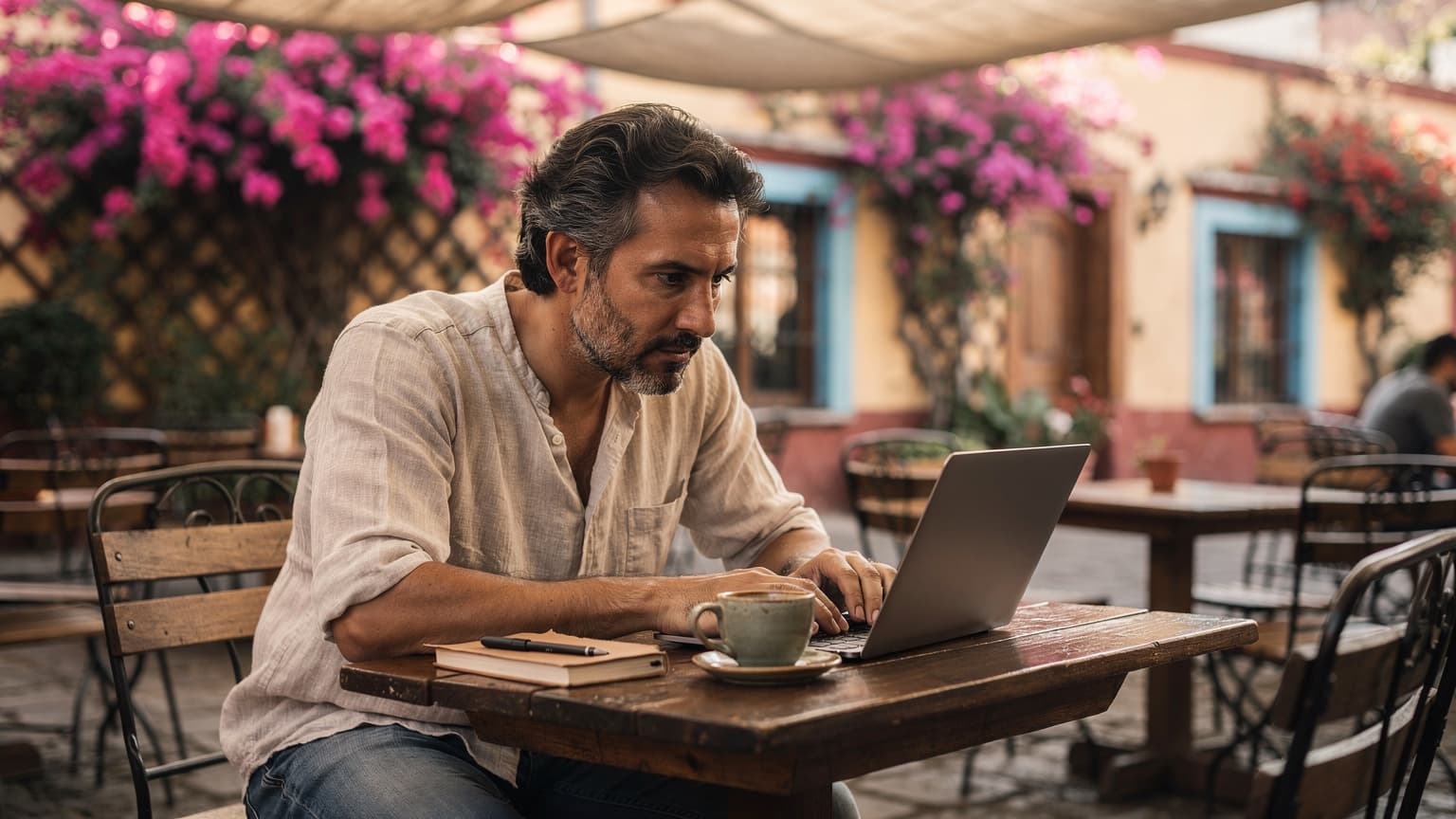 Un nomade digitale italiano seduto al tavolo di un caffè all'aperto a Coyoacán, Città del Messico, mentre lavora al laptop con una tazza di caffè e una connessione Wi-Fi affidabile.