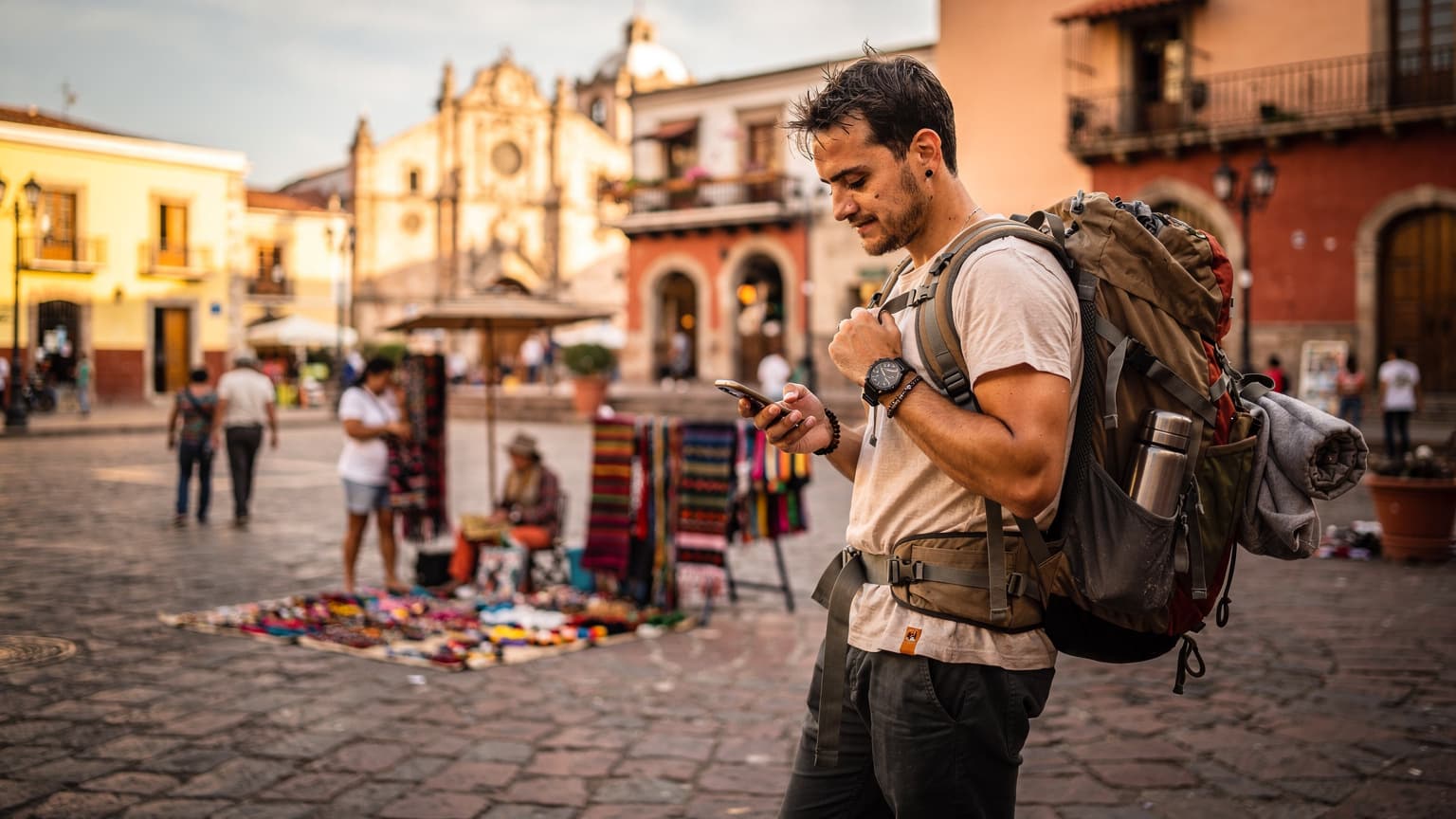 Un voyageur à dos de sac à dos consulte son téléphone portable sur une place animée de San Cristóbal de las Casas, au Mexique, avec des bâtiments coloniaux colorés en arrière-plan.
