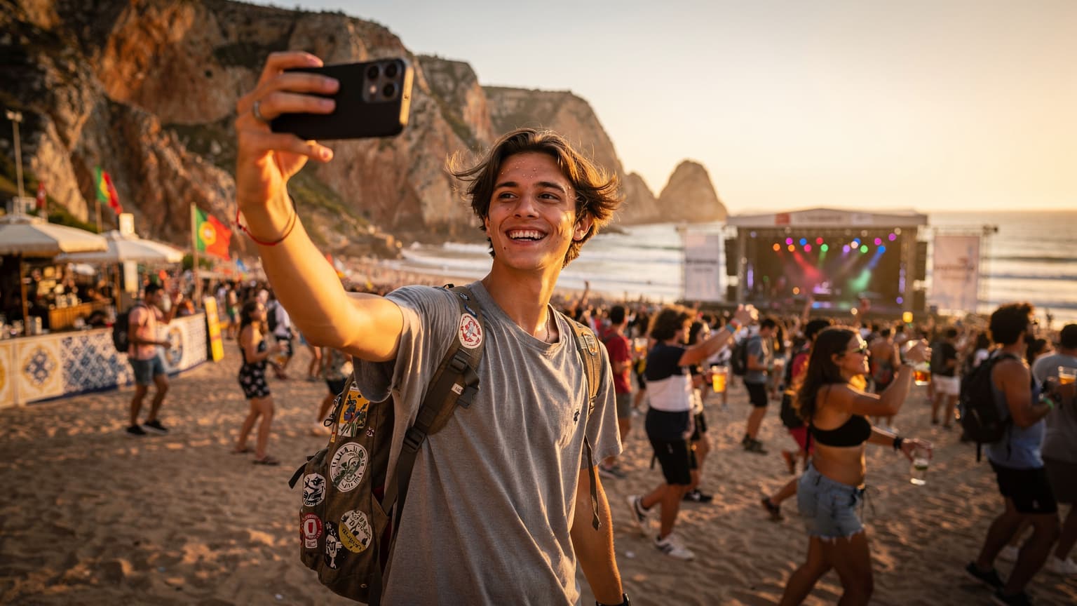 Uma pessoa feliz tirando uma selfie com um Samsung Galaxy S26 em uma praia lotada em Portugal durante um festival de música ao pôr do sol.