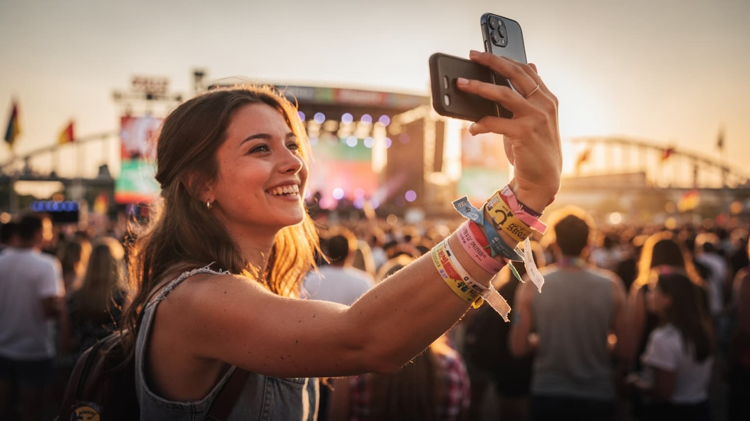 Eine junge Frau mit Festivalbändchen lächelt, während sie ihr Smartphone bei Sonnenuntergang auf einem belebten Festivalgelände in der Nähe der Bühne hält, im Hintergrund verschwimmen Lichter und Menschenmassen.