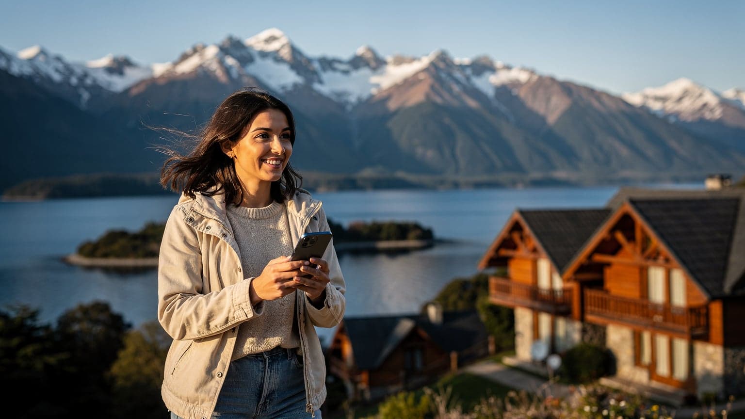 Una viajera sonríe mientras revisa su teléfono con los Andes nevados y el lago Nahuel Huapi de fondo, en Bariloche, Argentina.