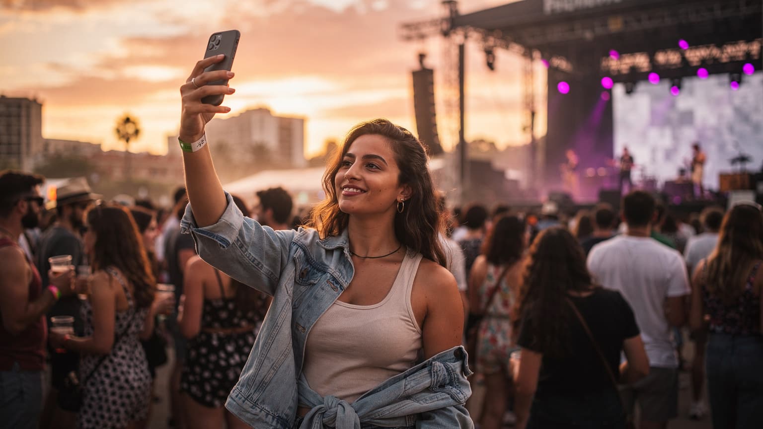 Een jonge vrouw lacht terwijl ze haar telefoon vasthoudt te midden van een menigte festivalgangers bij zonsondergang op een openluchtfestival in Barcelona, Spanje.