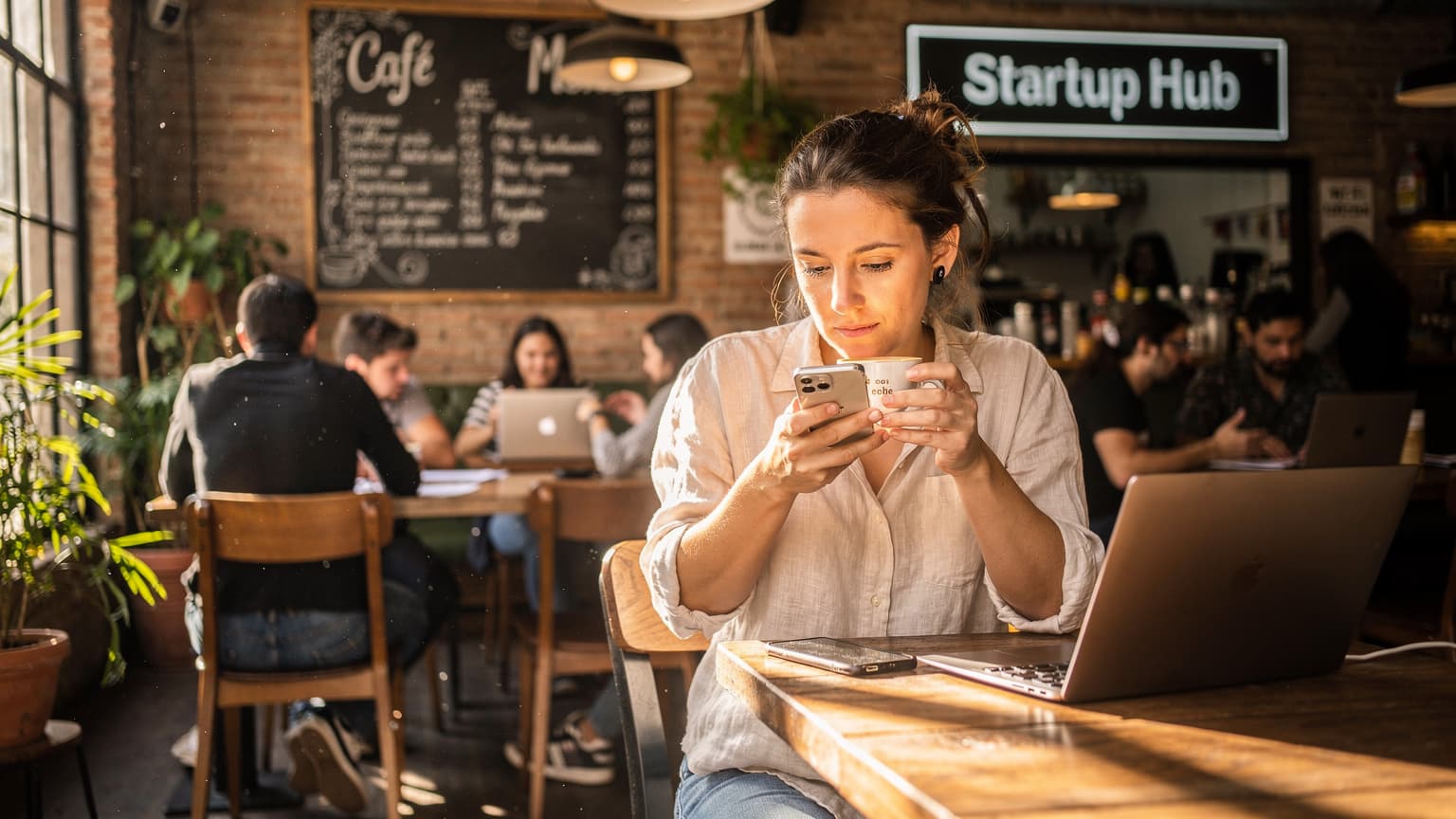 Eine Person sitzt in einem belebten Café in Buenos Aires, das Smartphone in der Hand, während sie einen Café con Leche trinkt und durch Reise-Apps scrollt.