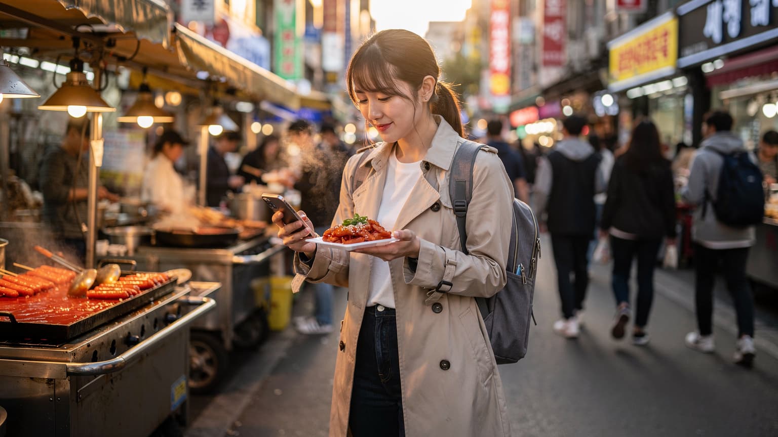 ソウルの明洞にある賑やかな屋台街で、一人の女性がスマートフォンを片手に地図アプリを確認しながら、屋台の食べ物を楽しんでいる様子。夕暮れ時で、提灯の明かりが暖かく街を照らしている。