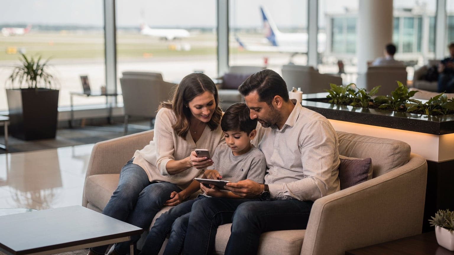 A family, parents and two children, sitting in a bustling international airport lounge, engaged with their phones and tablets, preparing for a flight.