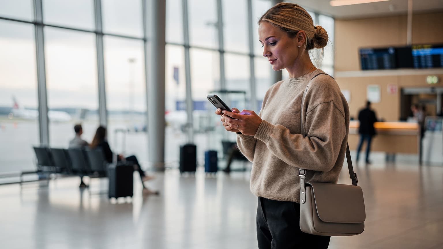 En reisende kvinne sjekker sin iPhone 18 for eSIM-innstillinger på en travel flyplassgate i Oslo, med sollys som strømmer inn gjennom de store vinduene.