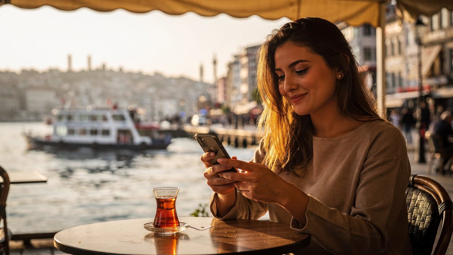 A young woman checks her phone at an outdoor cafe in Kadikoy, Istanbul, with a ferry visible in the background, signifying international travel connectivity.