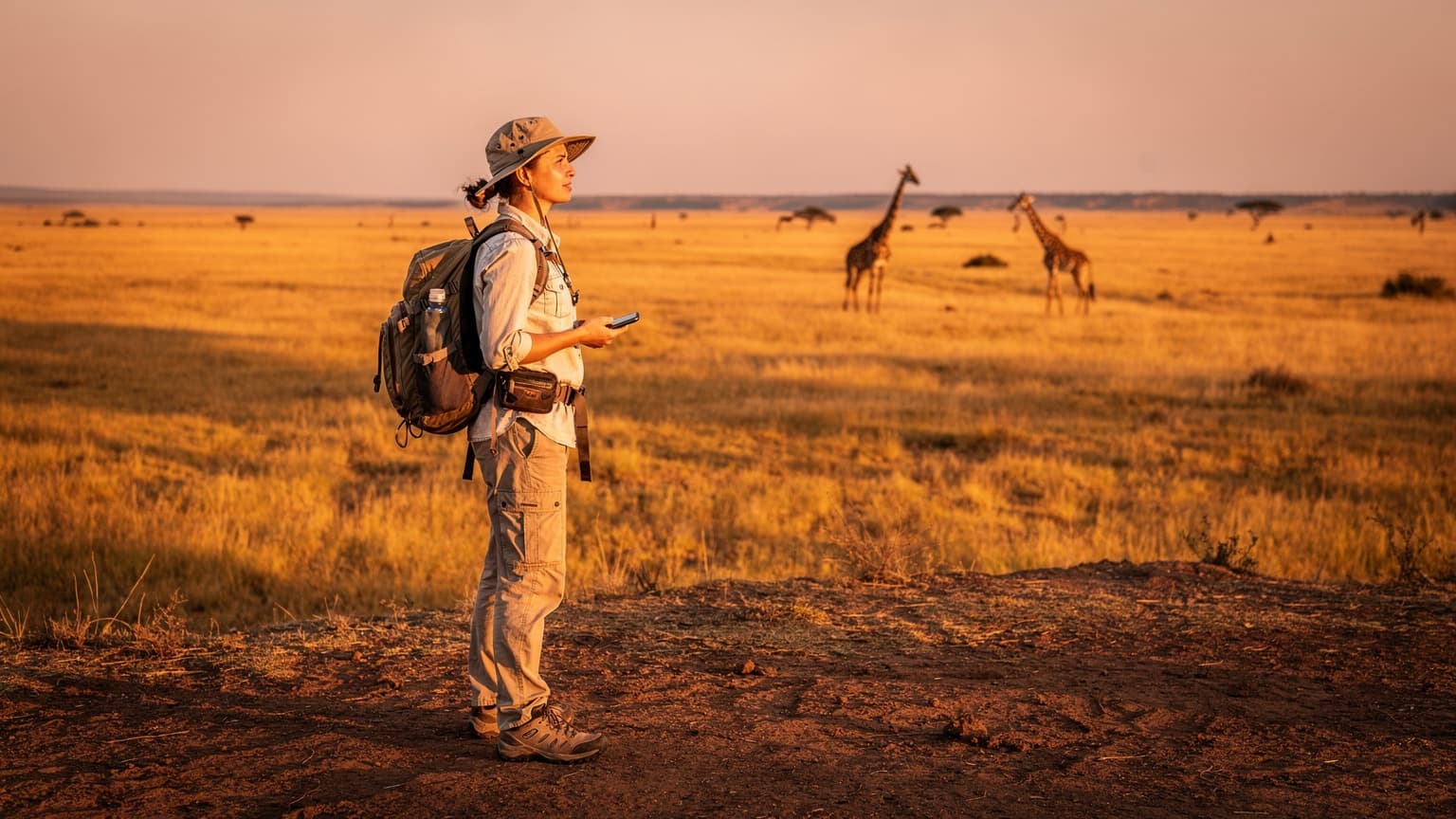 Podróżniczka w kapeluszu safari, trzymająca smartfon, na tle zachodzącego słońca nad sawanną Serengeti z pasącymi się żyrafami.