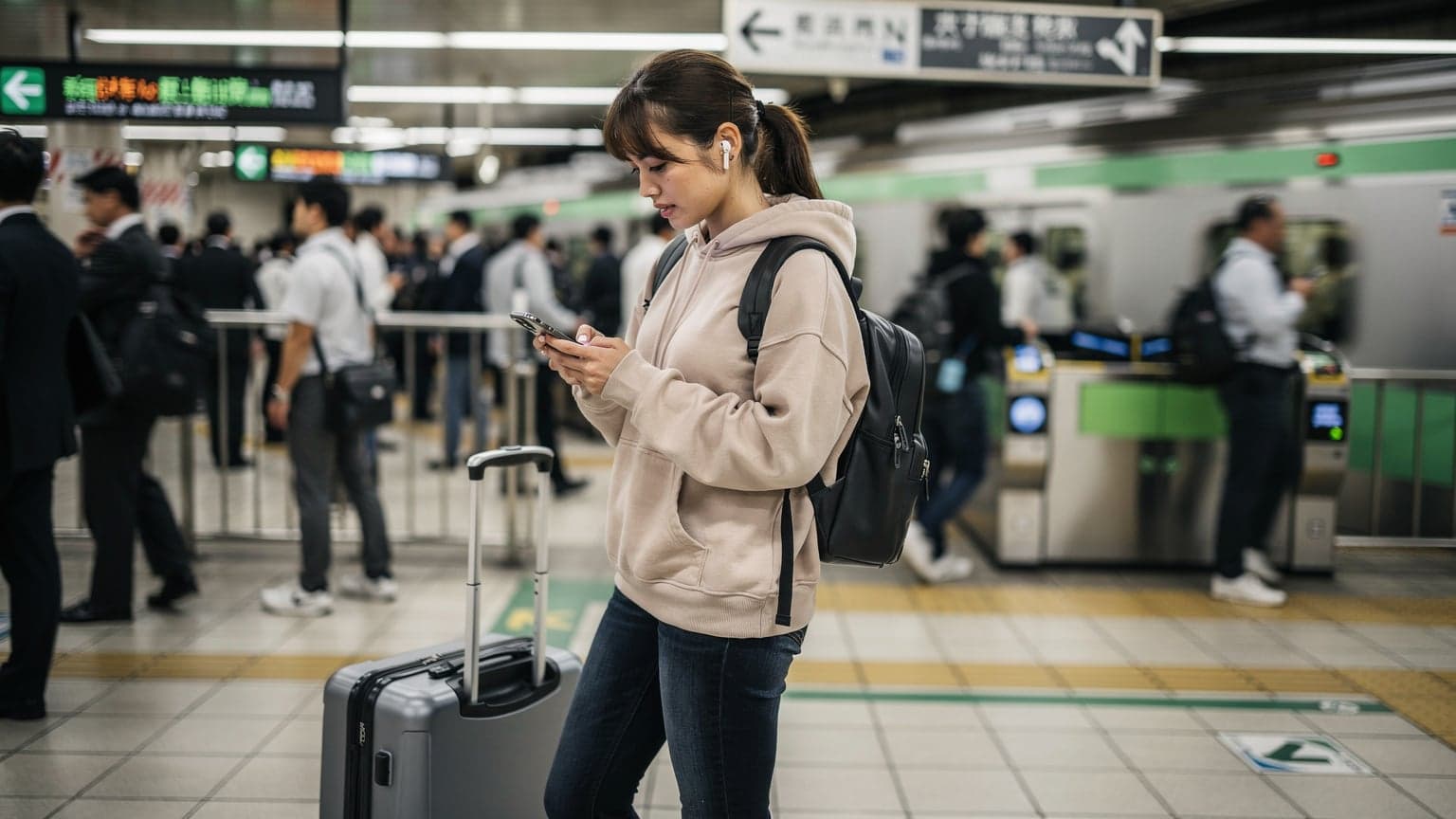 A woman at a bustling train station in Tokyo, looking at her iPhone screen with a focused expression, checking her eSIM details.