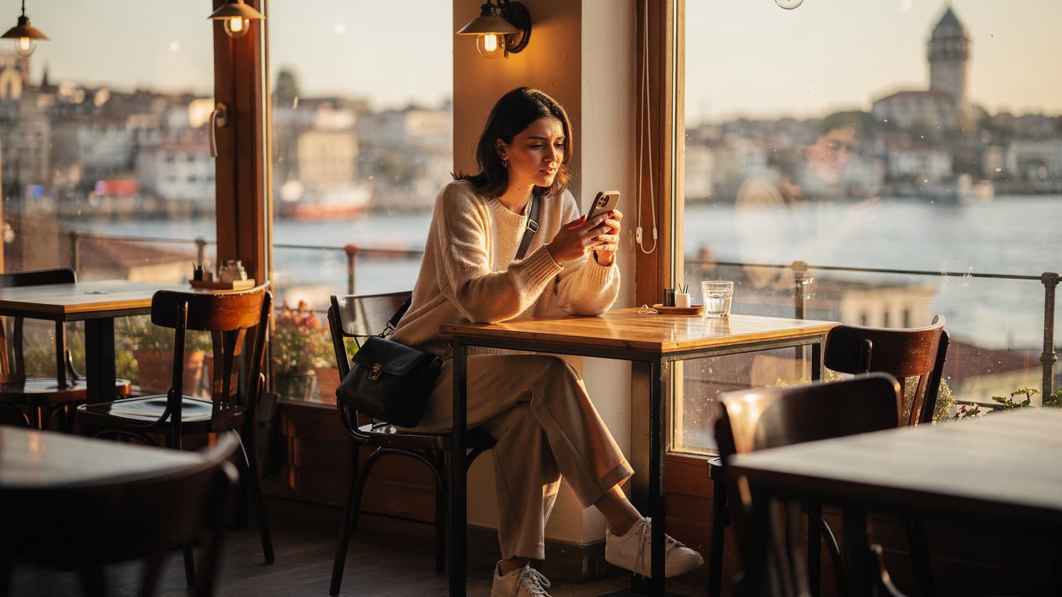 İstanbul'un Karaköy semtinde, bir kafenin penceresinden dışarıyı seyreden ve elindeki telefonla eSIM paketlerini inceleyen düşünceli bir genç kadın. Arka planda tarihi binaların çatısı ve Galata Kulesi'nin silüeti görünüyor.
