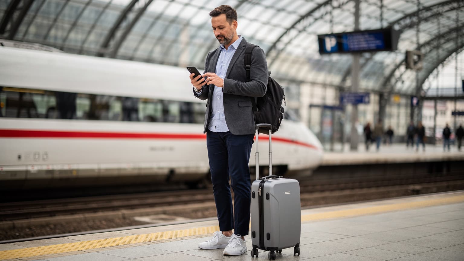 Ein Tourist am Berliner Hauptbahnhof, der sein Smartphone mit einer eSIM-Bestätigung prüft, während ICE-Züge im Hintergrund vorbeifahren.