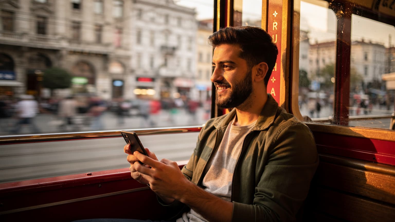 İstanbul'da tarihi bir tramvayda oturan genç bir adam, Samsung A serisi telefonuyla seyahat ederken gülümsüyor.
