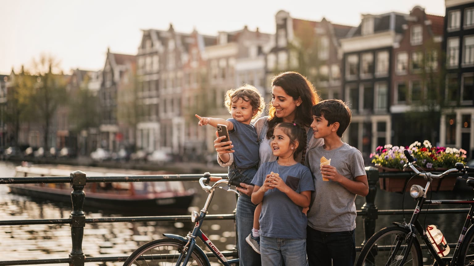 Amsterdam'da, geleneksel bir kanal evinin önünde duran, gülümseyen bir anne ve iki çocuğu, ellerinde akıllı telefonlarla harita uygulamasına bakıyorlar.