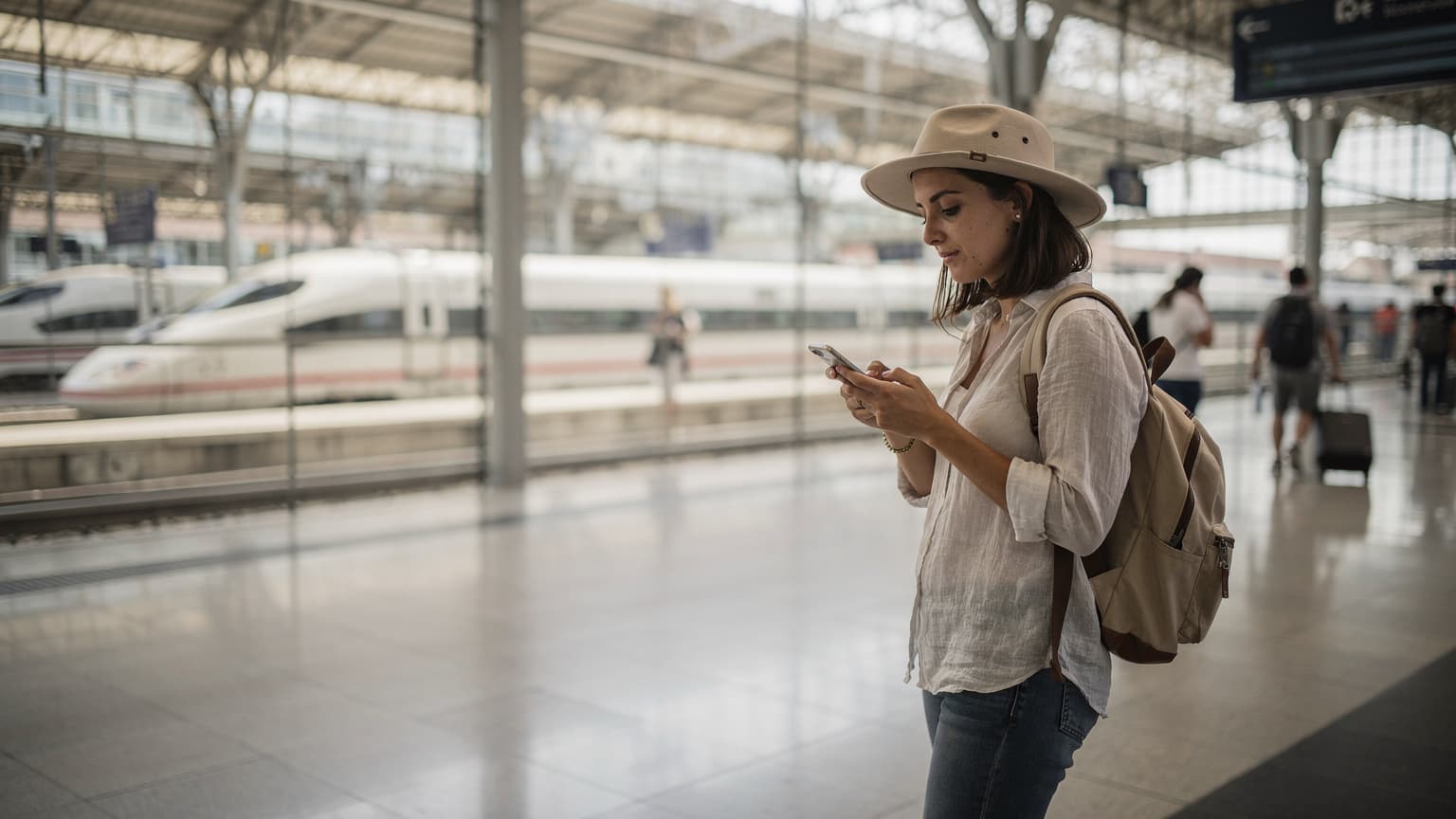 Una mujer joven, con una mochila ligera y un sombrero de ala ancha, consulta su iPhone mientras espera en la estación de tren de Atocha en Madrid, con los trenes de alta velocidad AVE visibles al fondo a través de una gran ventana. Su rostro muestra una expresión de concentración mientras navega por una aplicación en su teléfono.